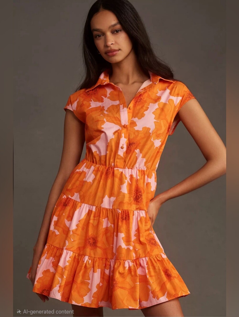 Hutch Short-Sleeve Mini Shirt Dress Womens SP Oranage & Pink Floral Tiered Skirt
